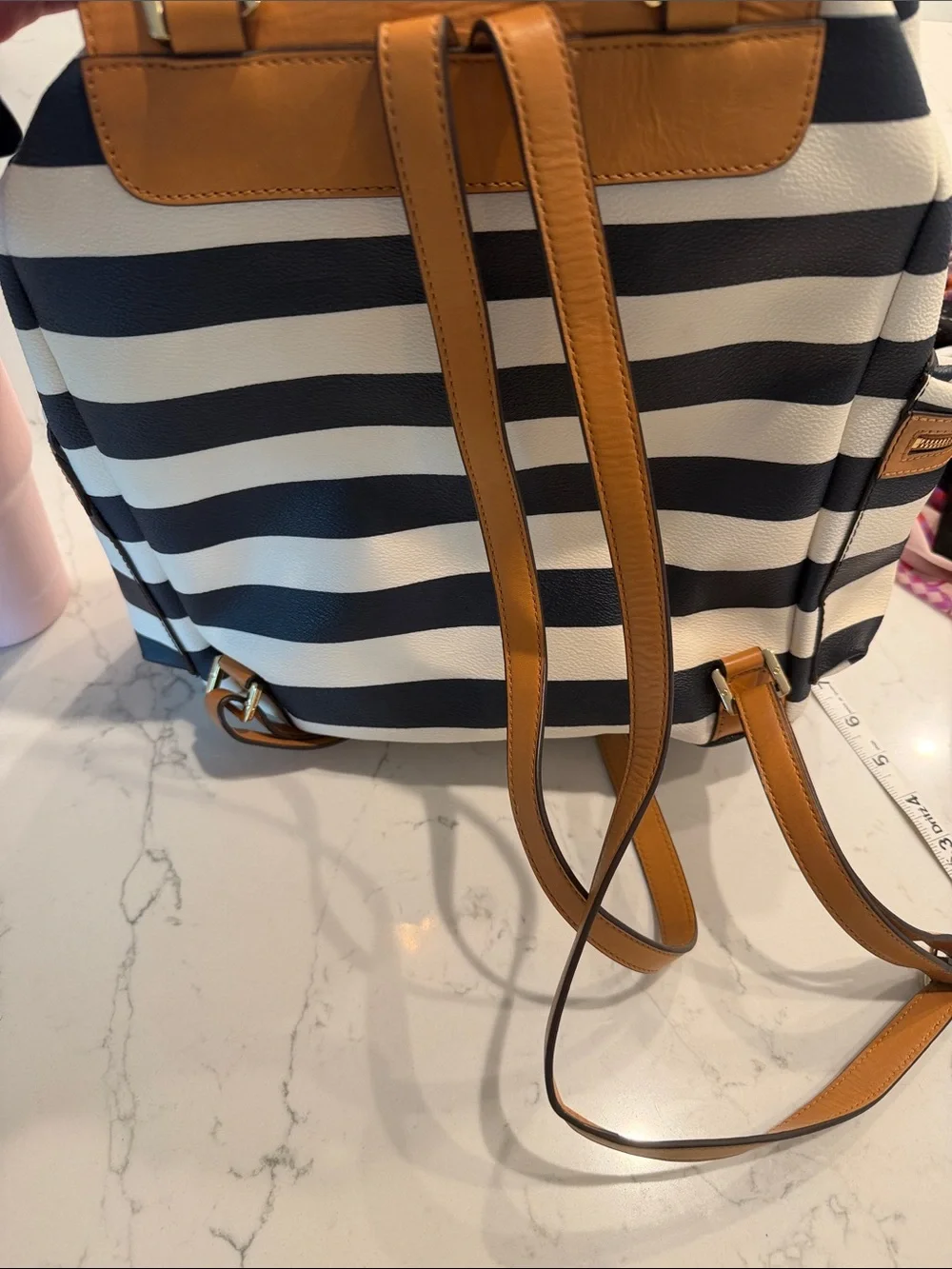 Tory Burch Navy and White Striped Canvas Backpack with Tan Leather Flap